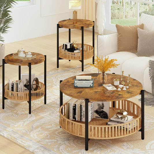 MIERES 3 Pieces Coffee Table Set for Living Room, Boho Living Room Table Set with Rattan Storage Shelf and Metal Frame, Round Coffee Table & 2 End Side Tables for Apartment Home Office
