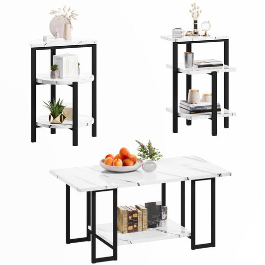 MIERES Coffee Table Set of 3,Rectangle Coffee Table&2 Accent Table,Faux Marble Tabletop,3 Piece Living Room Table Sets with Multi Tier Storage, for Small Space, Apartment,White & Black
