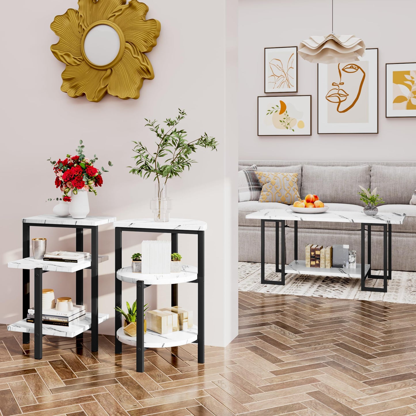 MIERES Coffee Table Set of 3,Rectangle Coffee Table&2 Accent Table,Faux Marble Tabletop,3 Piece Living Room Table Sets with Multi Tier Storage, for Small Space, Apartment,White & Black