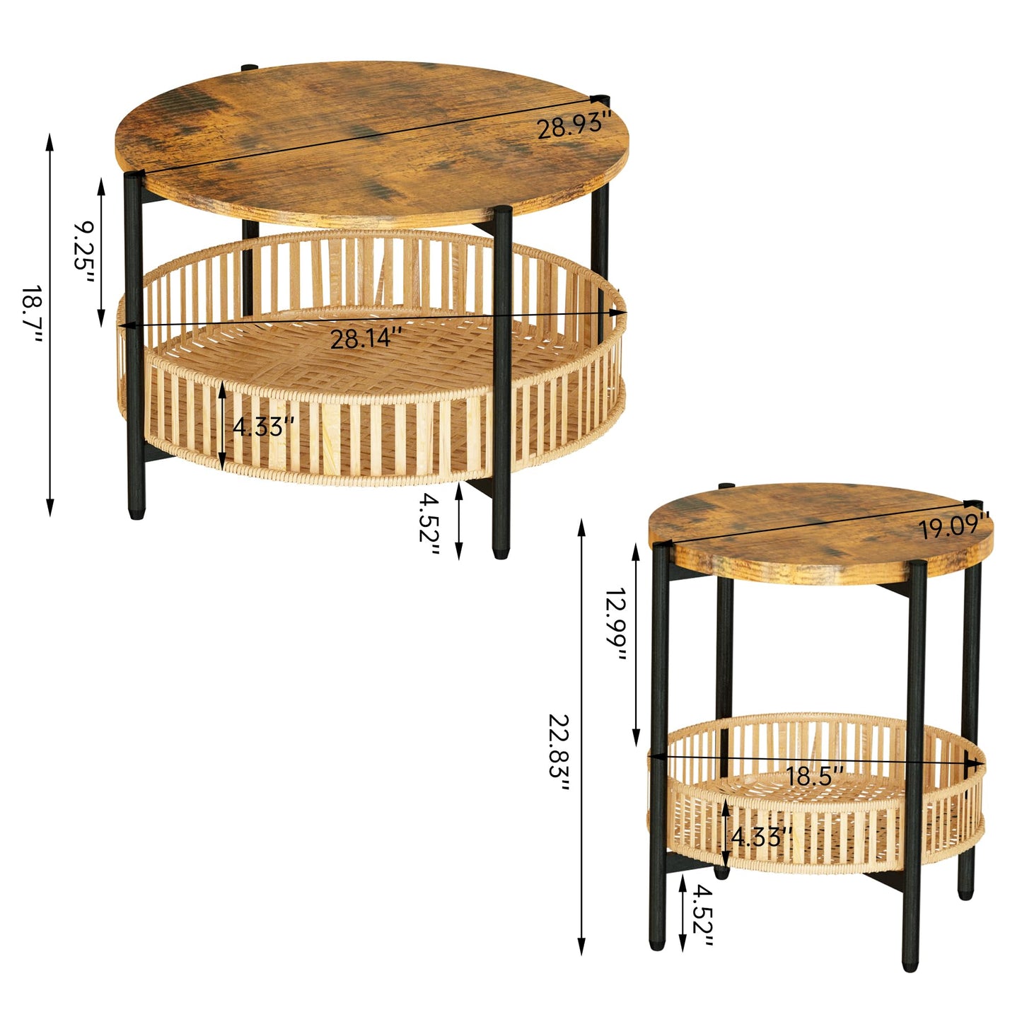 MIERES 3 Pieces Coffee Table Set for Living Room, Boho Living Room Table Set with Rattan Storage Shelf and Metal Frame, Round Coffee Table & 2 End Side Tables for Apartment Home Office