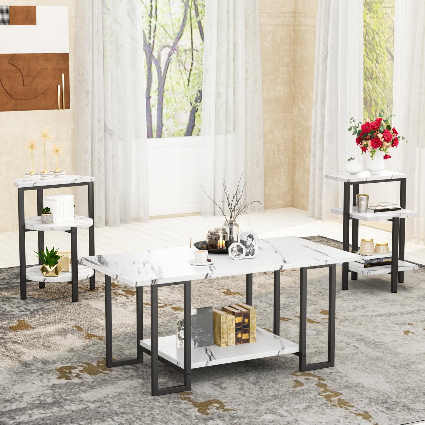 MIERES Coffee Table Set of 3,Rectangle Coffee Table&2 Accent Table,Faux Marble Tabletop,3 Piece Living Room Table Sets with Multi Tier Storage, for Small Space, Apartment,White & Black