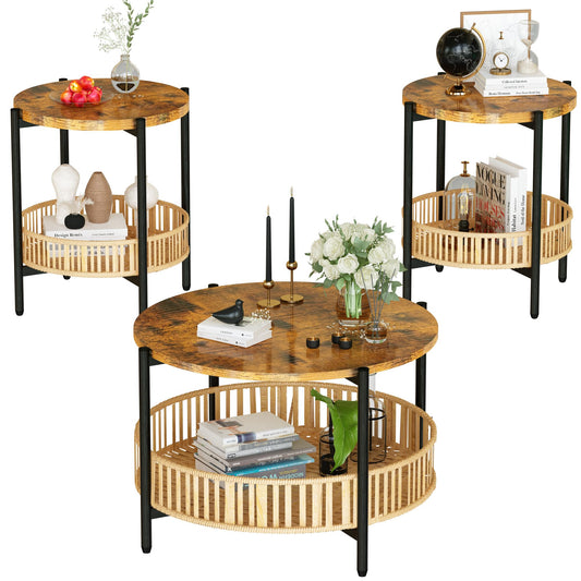 MIERES 3 Pieces Coffee Table Set for Living Room, Boho Living Room Table Set with Rattan Storage Shelf and Metal Frame, Round Coffee Table & 2 End Side Tables for Apartment Home Office