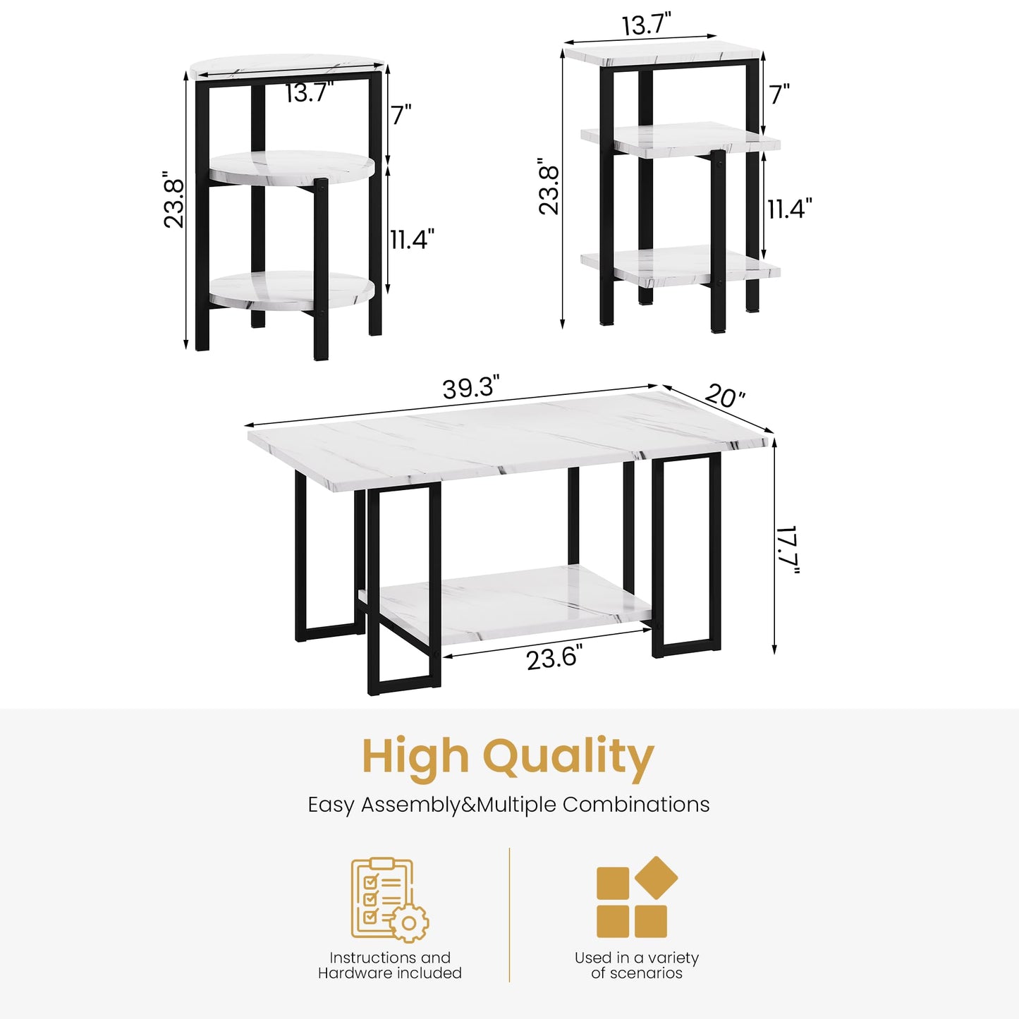 MIERES Coffee Table Set of 3,Rectangle Coffee Table&2 Accent Table,Faux Marble Tabletop,3 Piece Living Room Table Sets with Multi Tier Storage, for Small Space, Apartment,White & Black