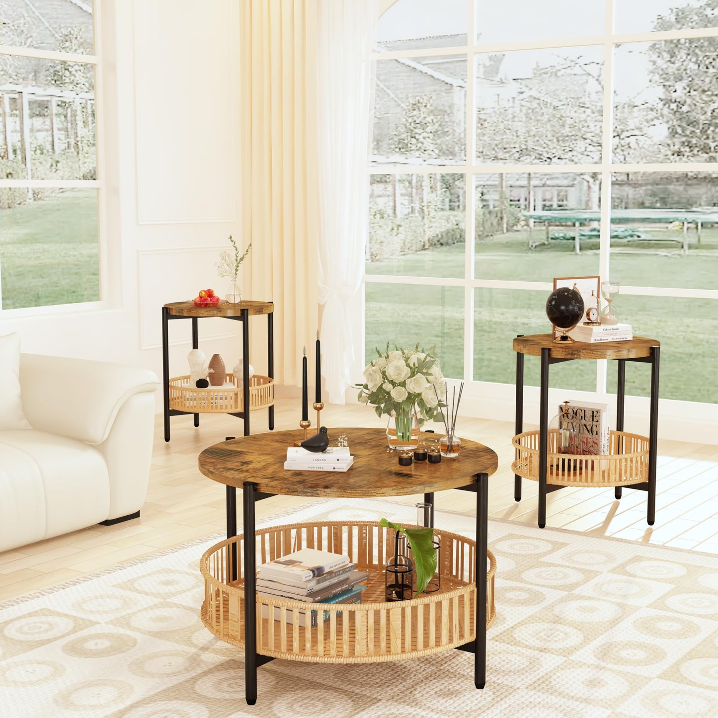 MIERES 3 Pieces Coffee Table Set for Living Room, Boho Living Room Table Set with Rattan Storage Shelf and Metal Frame, Round Coffee Table & 2 End Side Tables for Apartment Home Office