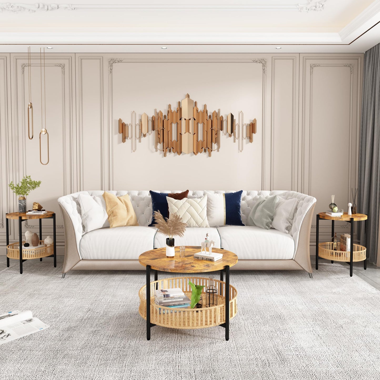 MIERES 3 Pieces Coffee Table Set for Living Room, Boho Living Room Table Set with Rattan Storage Shelf and Metal Frame, Round Coffee Table & 2 End Side Tables for Apartment Home Office