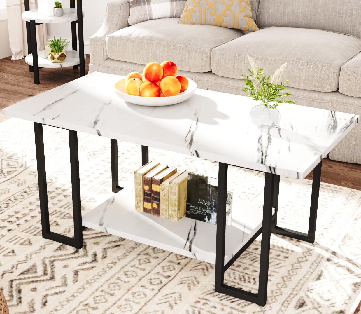 MIERES Coffee Table Set of 3,Rectangle Coffee Table&2 Accent Table,Faux Marble Tabletop,3 Piece Living Room Table Sets with Multi Tier Storage, for Small Space, Apartment,White & Black