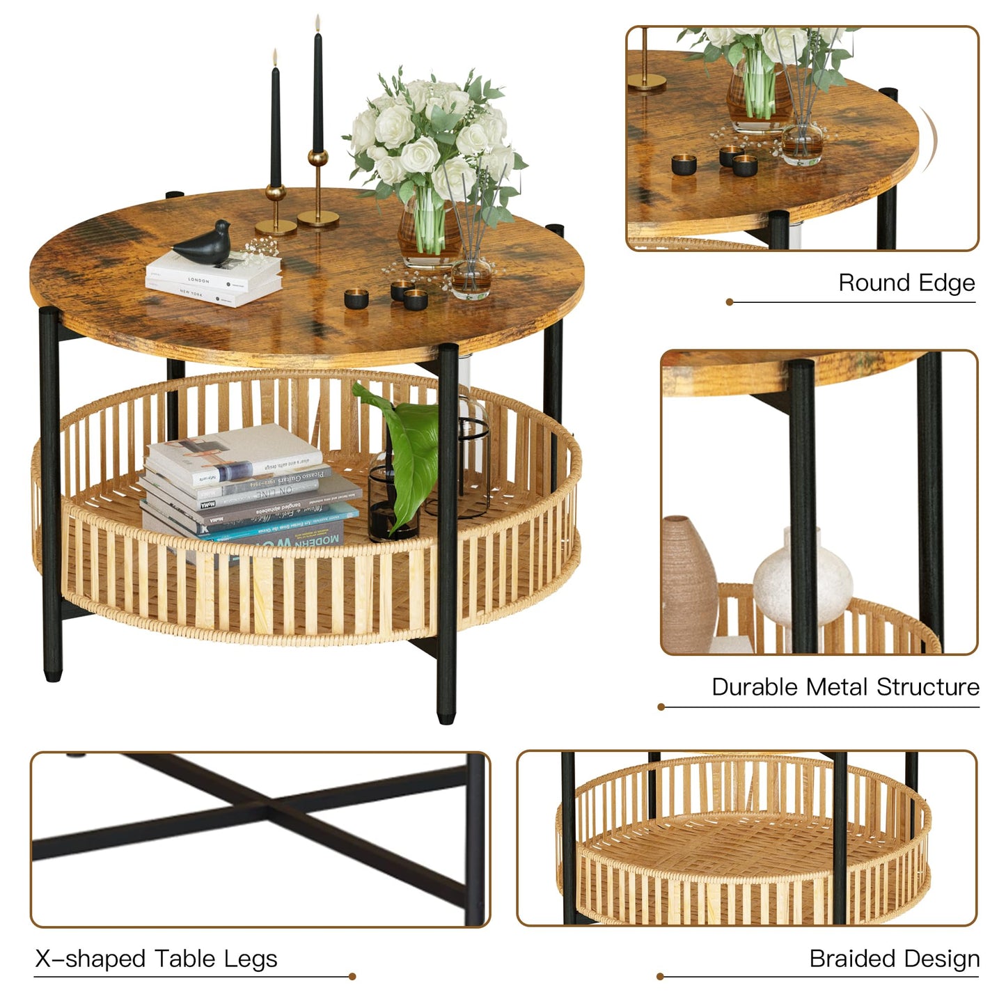 MIERES 3 Pieces Coffee Table Set for Living Room, Boho Living Room Table Set with Rattan Storage Shelf and Metal Frame, Round Coffee Table & 2 End Side Tables for Apartment Home Office