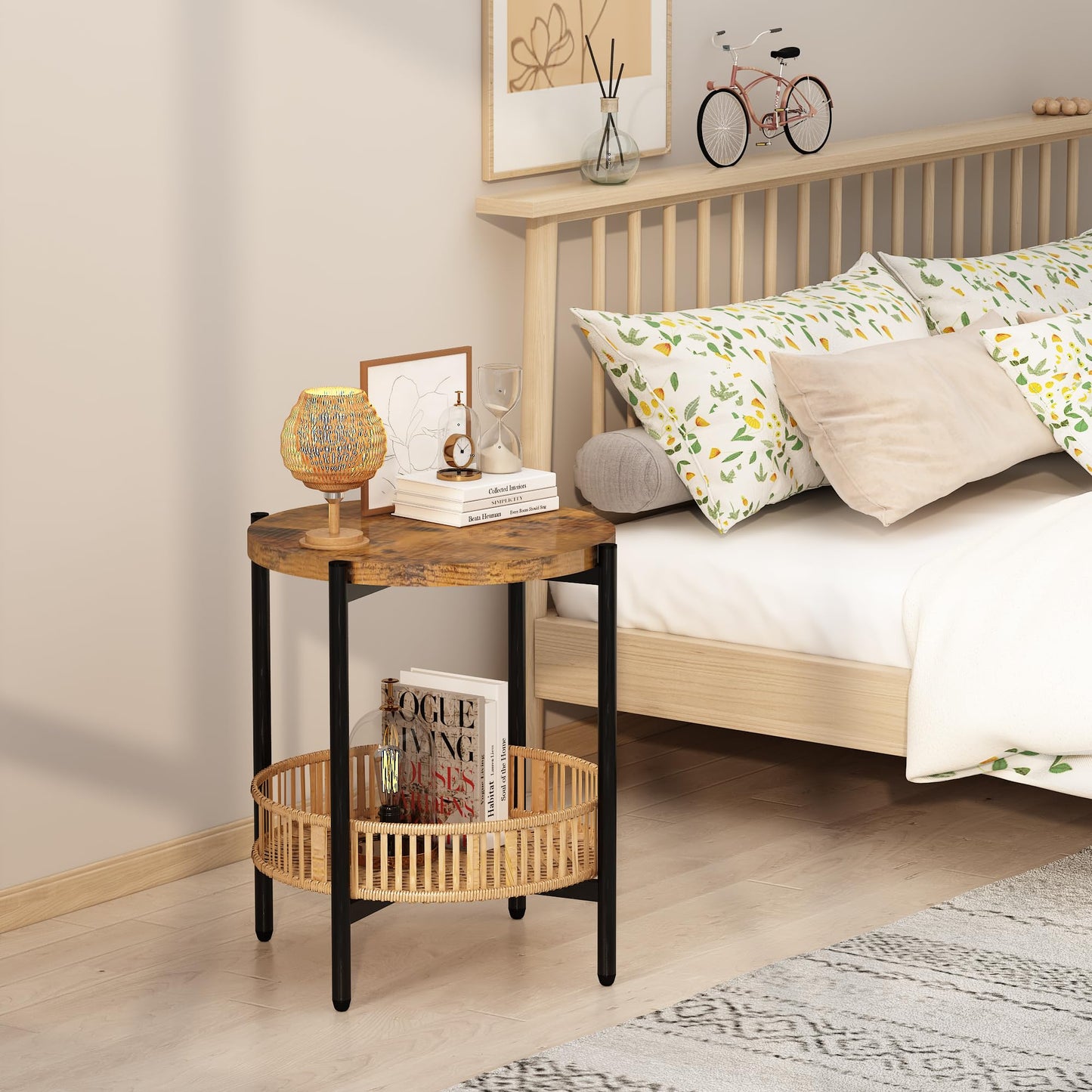 MIERES 3 Pieces Coffee Table Set for Living Room, Boho Living Room Table Set with Rattan Storage Shelf and Metal Frame, Round Coffee Table & 2 End Side Tables for Apartment Home Office