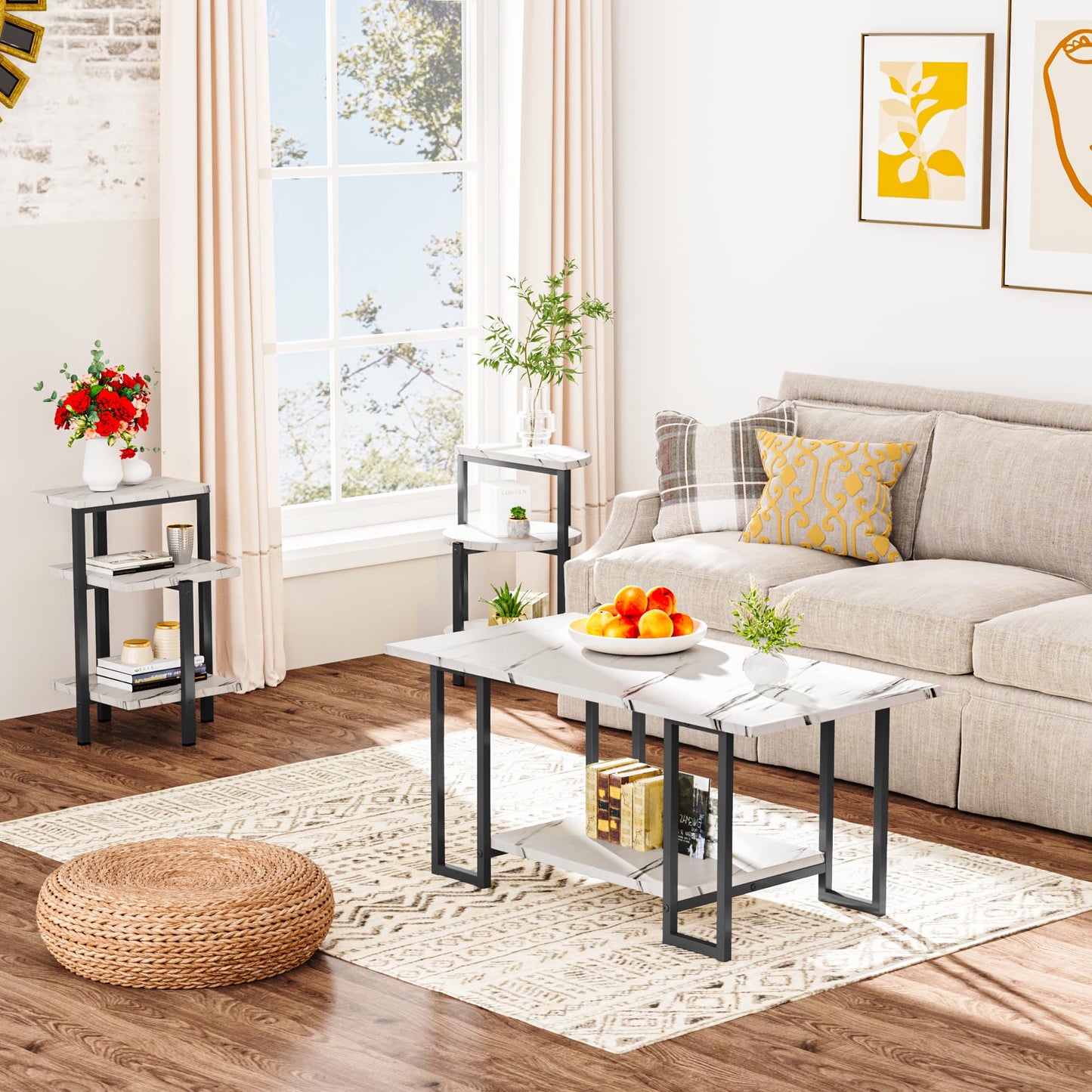 MIERES Coffee Table Set of 3,Rectangle Coffee Table&2 Accent Table,Faux Marble Tabletop,3 Piece Living Room Table Sets with Multi Tier Storage, for Small Space, Apartment,White & Black