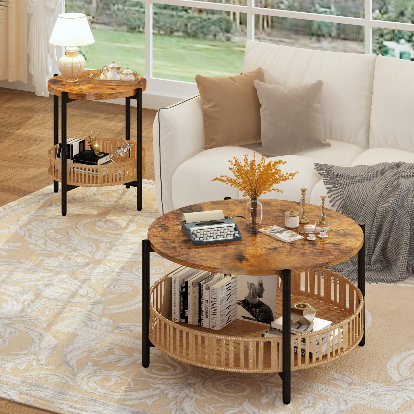 MIERES 3 Pieces Coffee Table Set for Living Room, Boho Living Room Table Set with Rattan Storage Shelf and Metal Frame, Round Coffee Table & 2 End Side Tables for Apartment Home Office