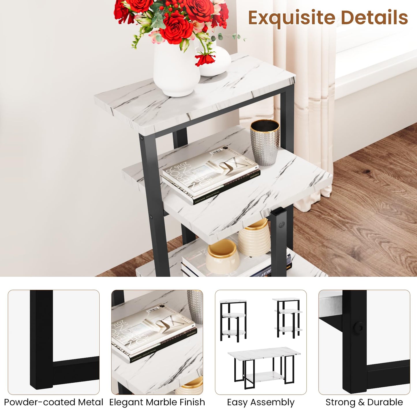 MIERES Coffee Table Set of 3,Rectangle Coffee Table&2 Accent Table,Faux Marble Tabletop,3 Piece Living Room Table Sets with Multi Tier Storage, for Small Space, Apartment,White & Black