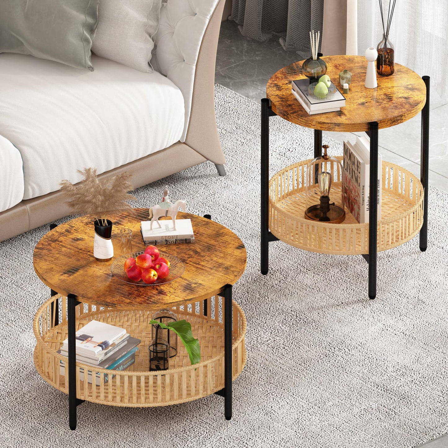 MIERES 3 Pieces Coffee Table Set for Living Room, Boho Living Room Table Set with Rattan Storage Shelf and Metal Frame, Round Coffee Table & 2 End Side Tables for Apartment Home Office