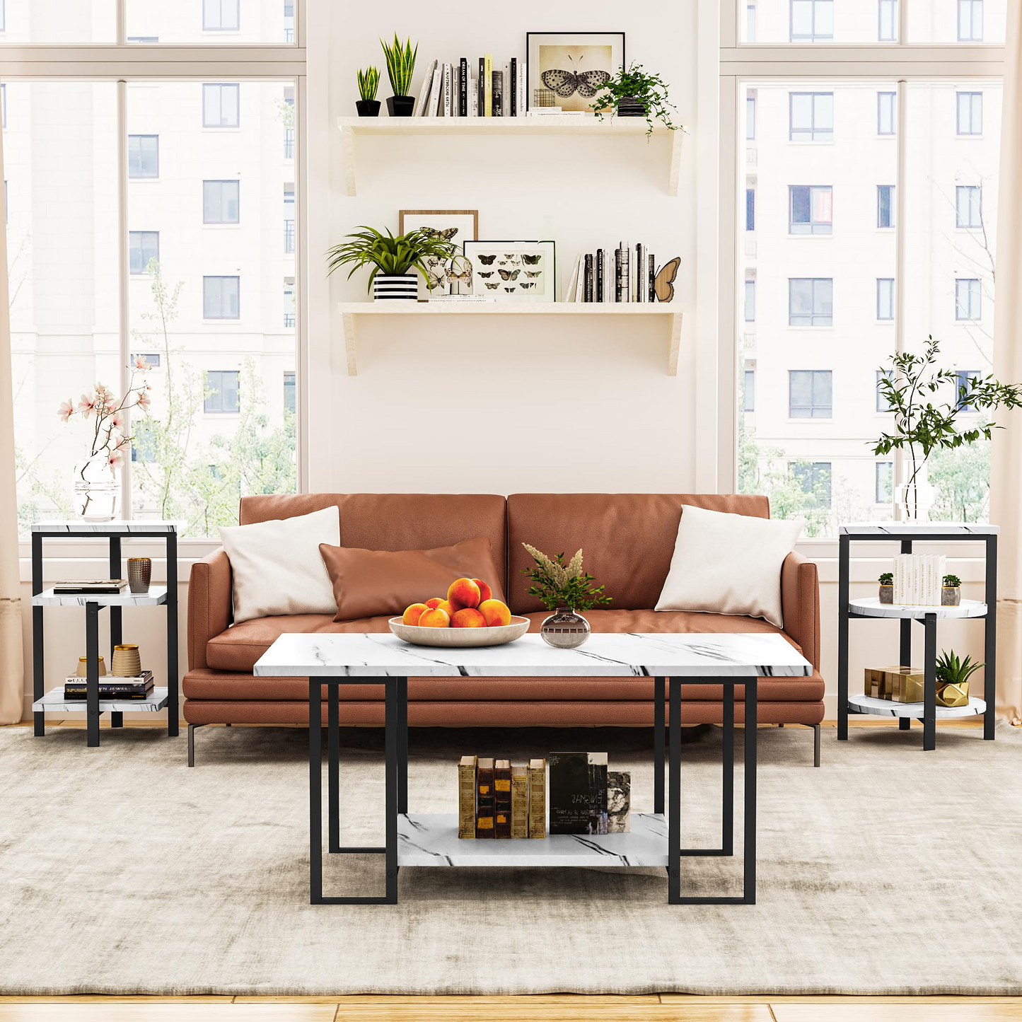 MIERES Coffee Table Set of 3,Rectangle Coffee Table&2 Accent Table,Faux Marble Tabletop,3 Piece Living Room Table Sets with Multi Tier Storage, for Small Space, Apartment,White & Black