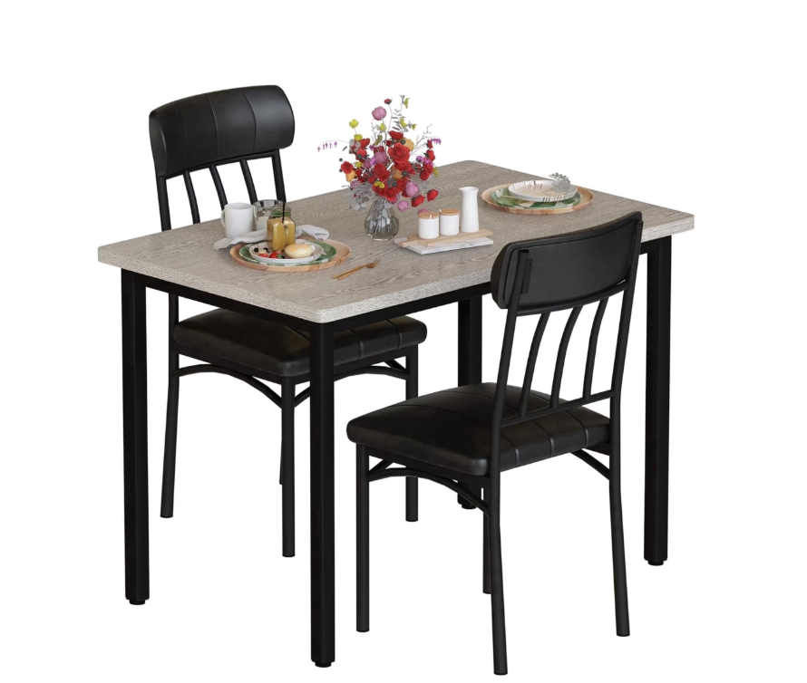 MIERES 2-Person Dining Set: Rectangular kitchen table with two leather chairs featuring three-backrests; 3-piece small solid wood dining set, ideal for small spaces and corner dining areas; gray