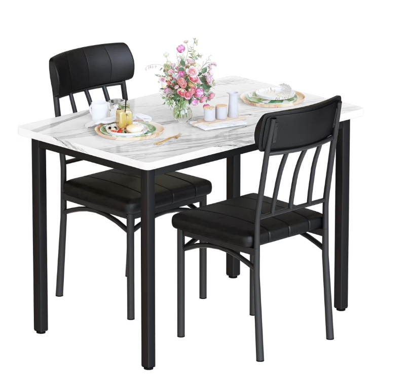 MIERES 2-Person Dining Set: Rectangular kitchen table with two leather chairs featuring three-backrests; 3-piece small solid wood dining set, ideal for small spaces and corner dining areas; White
