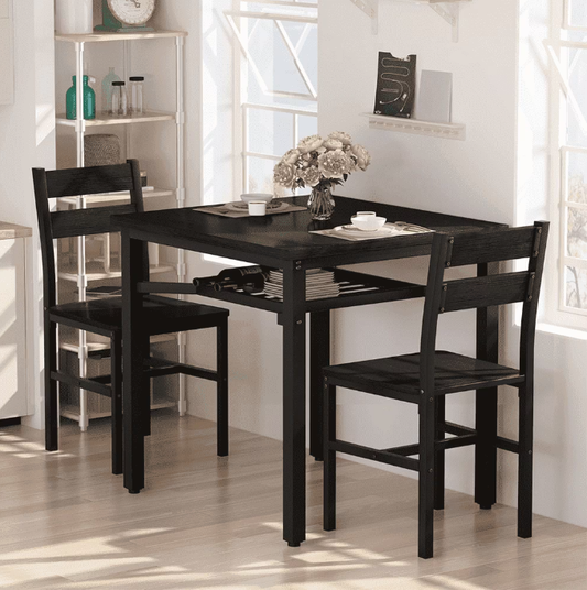 MIERES 2 Person Kitchen Dining Table Set with Storage Shelf, Small Wooden Dining Set for 2, Black