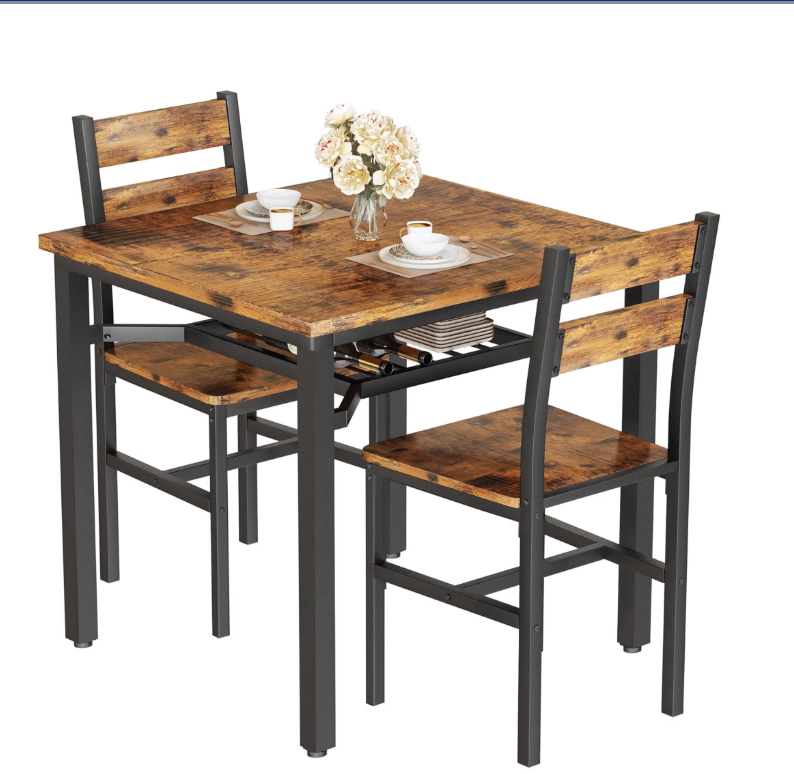 MIERES 2-Person Dining Set, Solid Wood Kitchen Table with Storage and 2 Chairs for Small Spaces, Brown