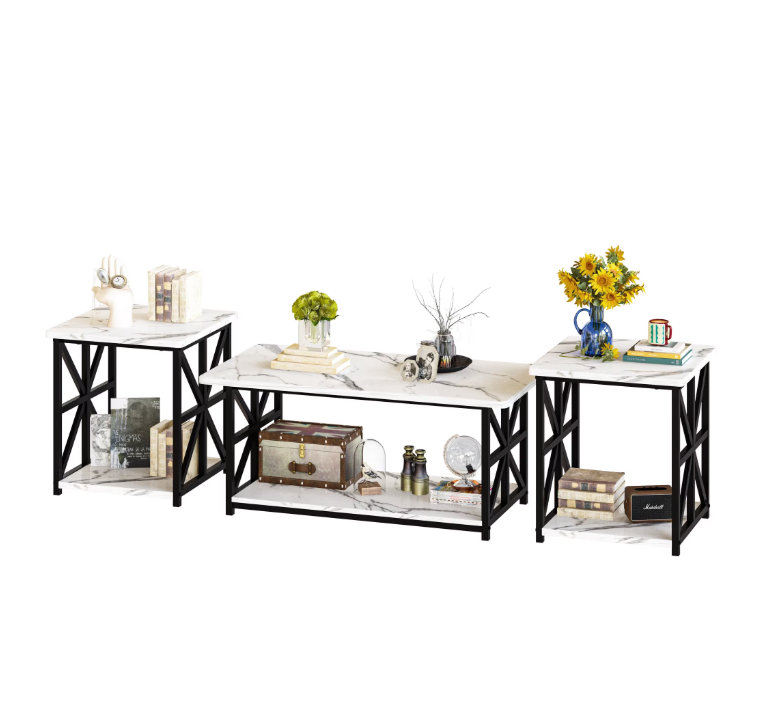 MIERES Marble Coffee Table Set, Modern 3-Piece Living Room Coffee Table Set with Storage Shelves, Sturdy and Durable Alloy Frame, Ideal for Living Rooms and Offices