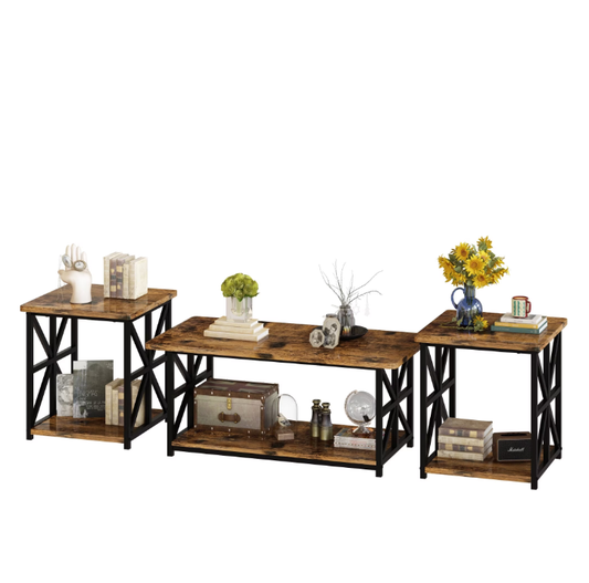 MIERES Marble Coffee Table Set, Modern 3-Piece Living Room Coffee Table Set with Storage Shelves, Sturdy and Durable Alloy Frame, Ideal for Living Rooms and Offices
