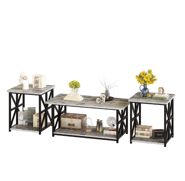 MIERES Marble Coffee Table Set, Modern 3-Piece Living Room Coffee Table Set with Storage Shelves, Sturdy and Durable Alloy Frame, Ideal for Living Rooms and Offices