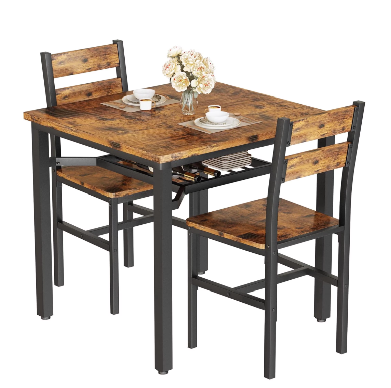 MIERES 2 Person Kitchen Dining Table Set with Storage Shelf, Small Wooden Dining Set for 2, Black