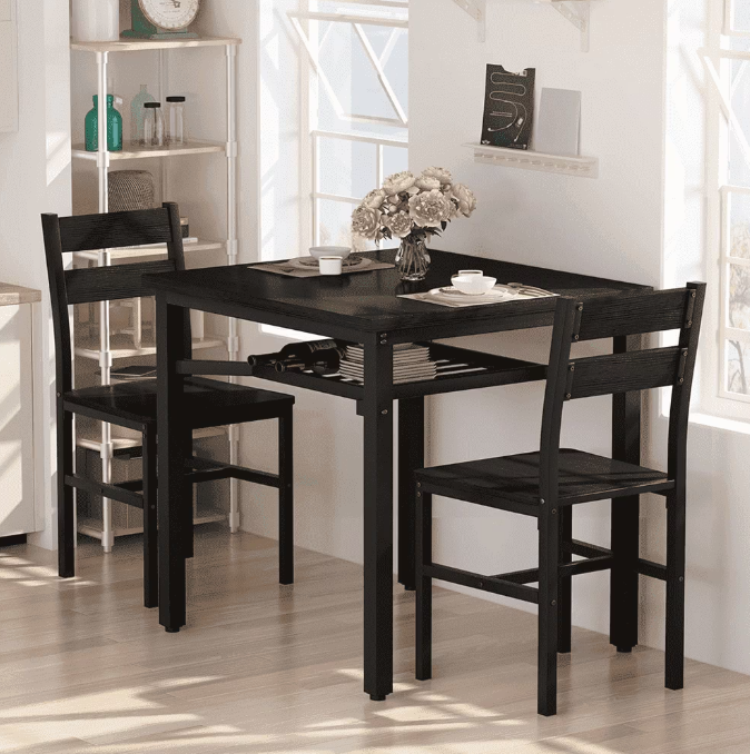 MIERES 2 Person Kitchen Dining Table Set with Storage Shelf, Small Wooden Dining Set for 2, Black