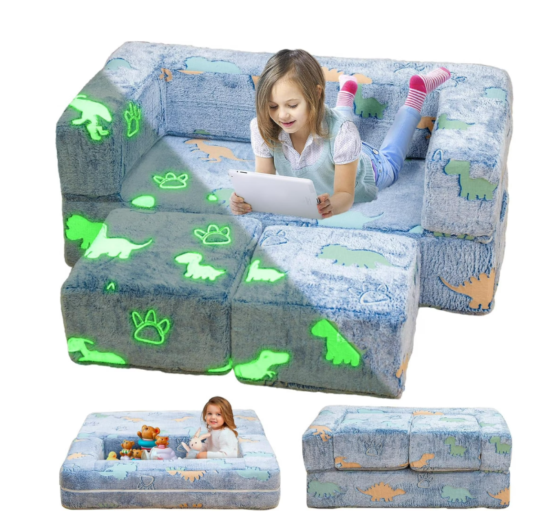 MIERES Toddler Couch, Glow in The Dark Kids Play Couch Toddler Fold Out Couch, Kids Fold Out Couch for playroom, Convertible Baby Fold Out Play Foam and Floor Cushion for Bedroom