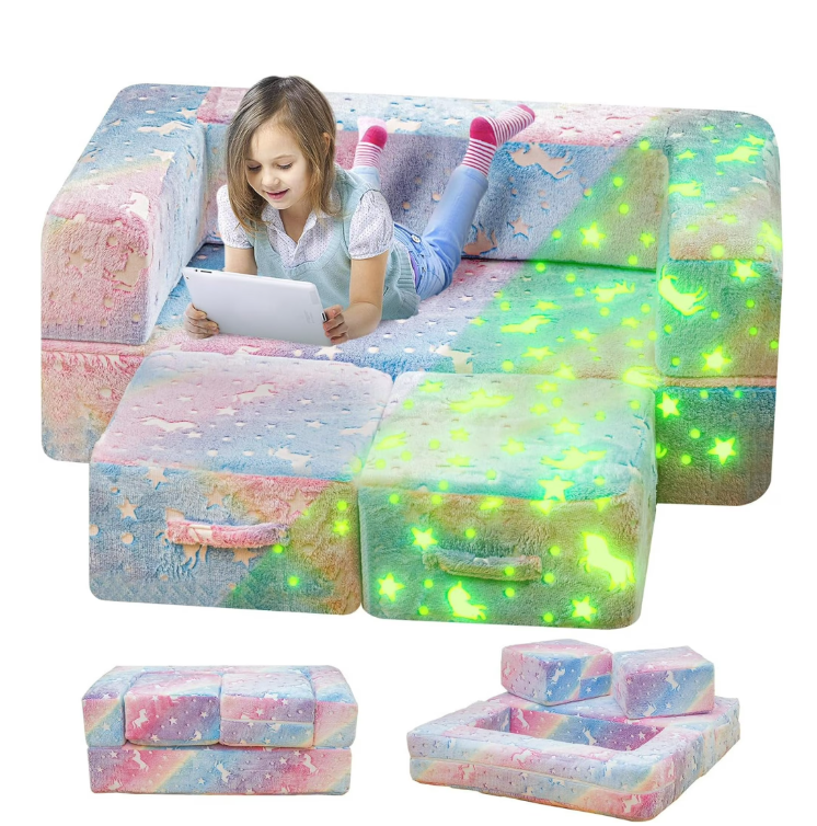 MIERES Toddler Couch, Glow in The Dark Kids Play Couch Toddler Fold Out Couch, Kids Fold Out Couch for playroom, Convertible Baby Fold Out Play Foam and Floor Cushion for Bedroom