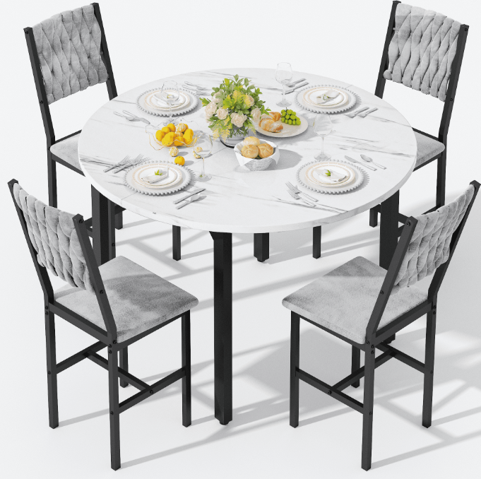 MIERES Round Dining Table Set, Modern Farmhouse 4-Piece Kitchen Table with Upholstered Chairs