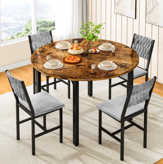MIERES Round Dining Table Set, Modern Farmhouse 4-Piece Kitchen Table with Upholstered Chairs