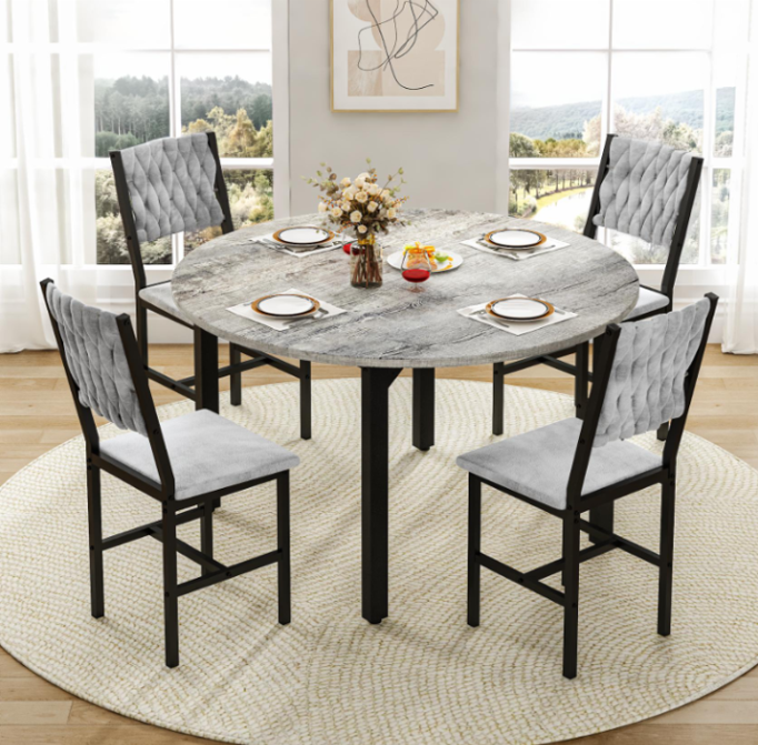 MIERES Round Dining Table Set, Modern Farmhouse 4-Piece Kitchen Table with Upholstered Chairs
