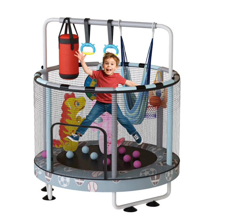 Mieres 55" 7-in-1 Upgraded Kids Trampoline with Swing & Basketball Hoop, Reinforced Safety Design with Adjustable Height & Net for Ages 3-8, 500lbs Capacity, In/Outdoor Play Center