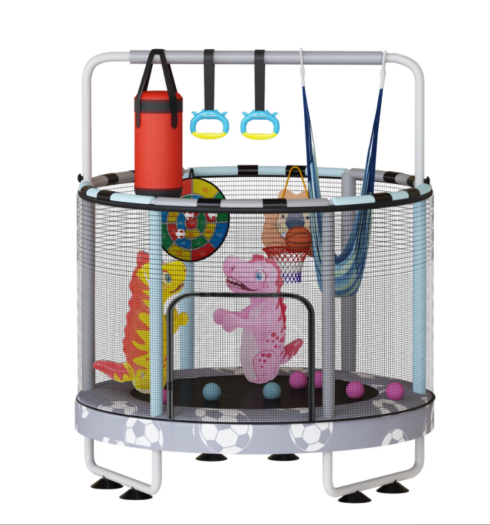 Mieres 55" 7-in-1 Upgraded Kids Trampoline with Swing & Basketball Hoop, Reinforced Safety Design with Adjustable Height & Net for Ages 3-8, 500lbs Capacity, In/Outdoor Play Center