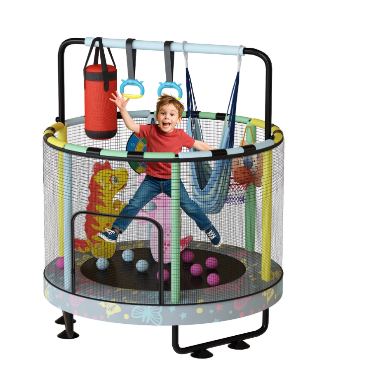 Mieres 55" 7-in-1 Upgraded Kids Trampoline with Swing & Basketball Hoop, Reinforced Safety Design with Adjustable Height & Net for Ages 3-8, 500lbs Capacity, In/Outdoor Play Center