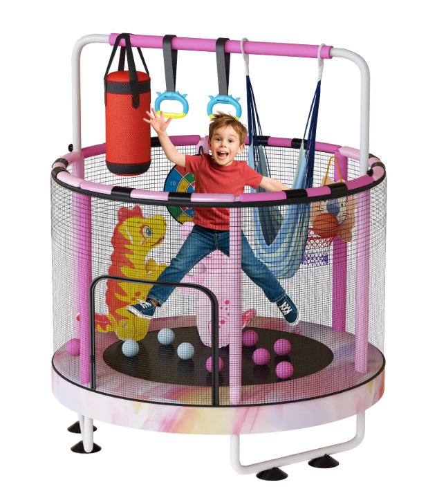 Mieres 55" 7-in-1 Upgraded Kids Trampoline with Swing & Basketball Hoop, Reinforced Safety Design with Adjustable Height & Net for Ages 3-8, 500lbs Capacity, In/Outdoor Play Center