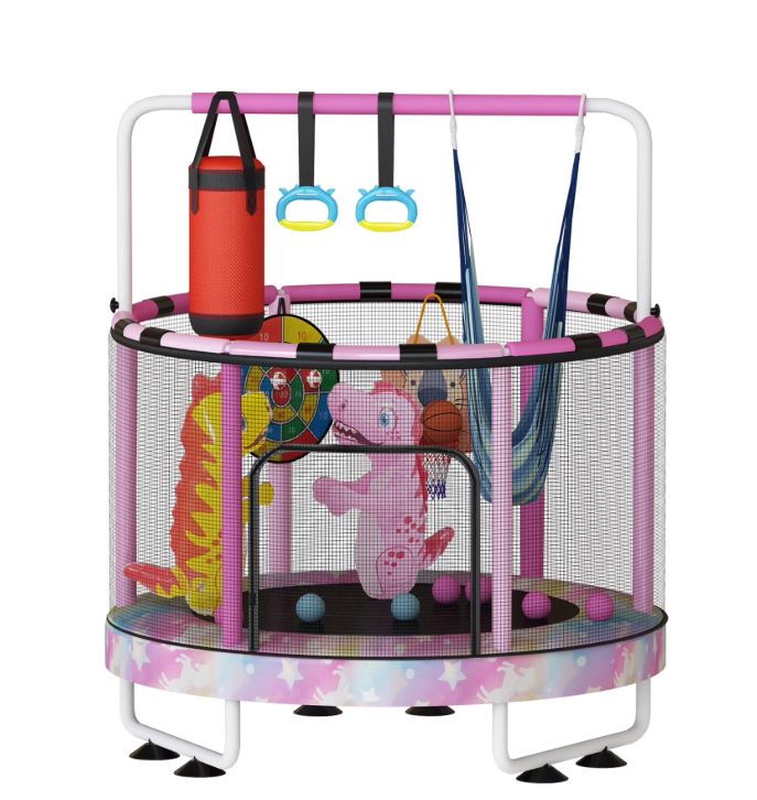 Mieres 55" 7-in-1 Upgraded Kids Trampoline with Swing & Basketball Hoop, Reinforced Safety Design with Adjustable Height & Net for Ages 3-8, 500lbs Capacity, In/Outdoor Play Center