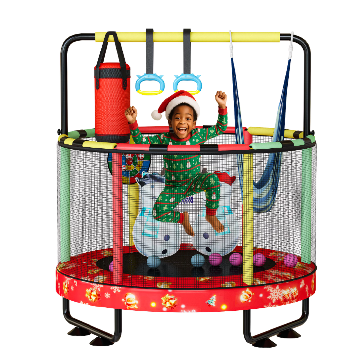 Mieres 55" 7-in-1 Upgraded Kids Trampoline with Swing & Basketball Hoop, Reinforced Safety Design with Adjustable Height & Net for Ages 3-8, 500lbs Capacity, In/Outdoor Play Center
