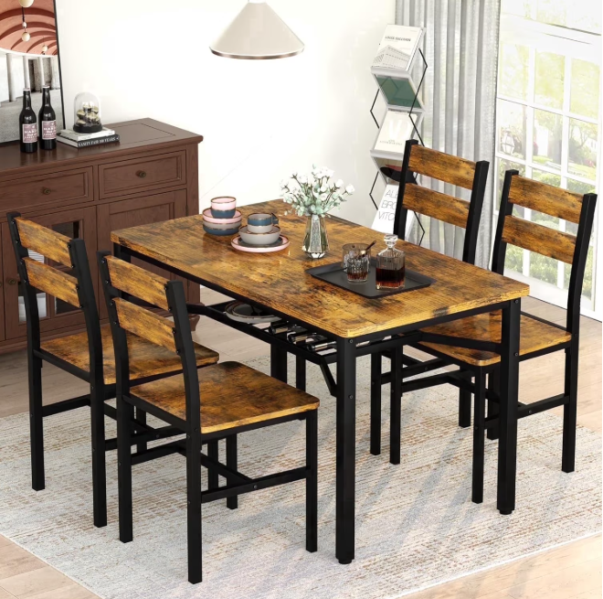 MIERES 5-Piece Dining Set: Solid Wood Dining Table with 4 PU Leather-Upholstered Chairs, Modern Dining Set, Small Dining Table, Ideal for Breakfast Nooks, Apartments, and Kitchens