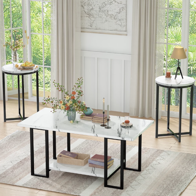 MIERES 3-Piece Coffee Table Set, includes two side tables; rustic-style solid wood coffee table set with metal frame; suitable for living rooms and offices