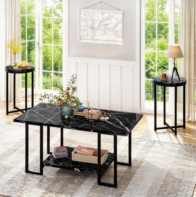 MIERES 3-Piece Coffee Table Set, includes two side tables; rustic-style solid wood coffee table set with metal frame; suitable for living rooms and offices