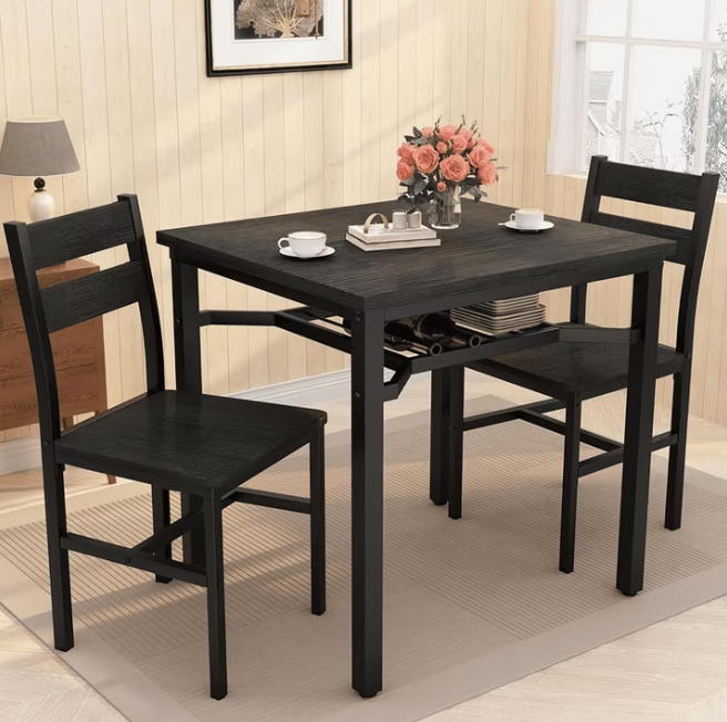 MIERES Industrial 3-Piece Dining Table Set with Storage Shelf for Small Spaces