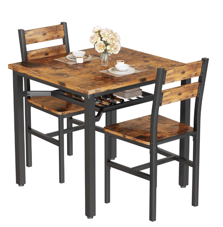 MIERES Industrial 3-Piece Dining Table Set with Storage Shelf for Small Spaces