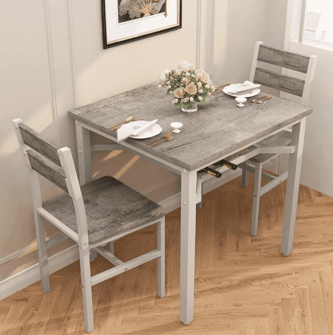 MIERES Industrial 3-Piece Dining Table Set with Storage Shelf for Small Spaces