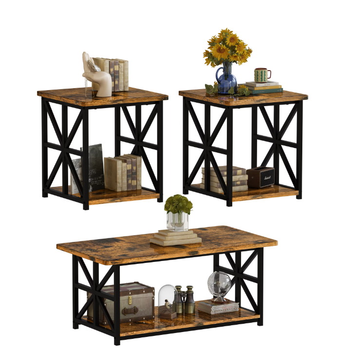 MIERES Modern 3 Piece Coffee Table Set with Storage Shelves, Marble Top Living Room Center Table and End Tables