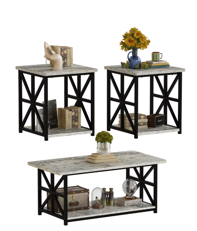 MIERES Modern 3 Piece Coffee Table Set with Storage Shelves, Marble Top Living Room Center Table and End Tables