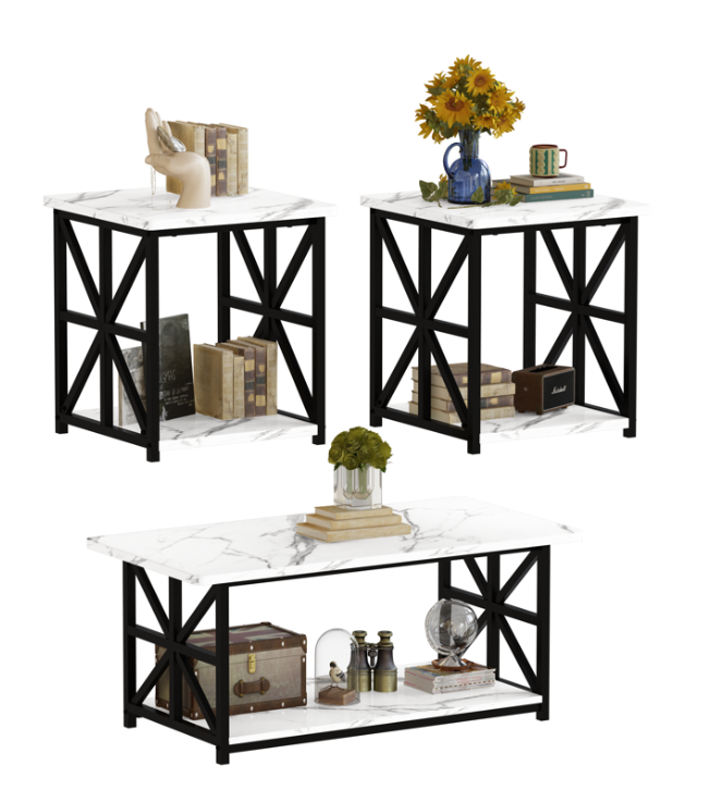 MIERES Modern 3 Piece Coffee Table Set with Storage Shelves, Marble Top Living Room Center Table and End Tables