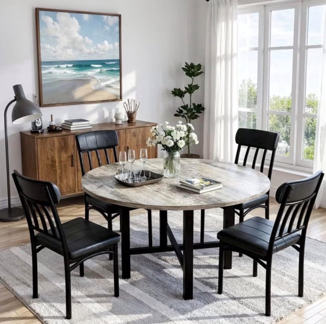 MIERES Marble-Effect Kitchen Dining Table Set Round Dining Table and Chair Set Includes 4 Leather-Backed Chairs Ideal for Kitchens, Apartments, and Compact Dining Areas