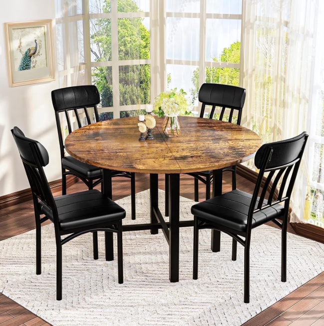 MIERES Marble-Effect Kitchen Dining Table Set Round Dining Table and Chair Set Includes 4 Leather-Backed Chairs Ideal for Kitchens, Apartments, and Compact Dining Areas