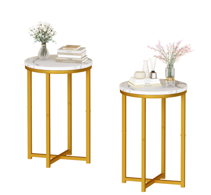 MIERES Modern Gold Side Table Set of 2, Small Coffee Table Round End Table with Gold Frame, Faux Marble Side Table Bedside Table for Living Room, Bedroom, Small Space, 16" D*24" H