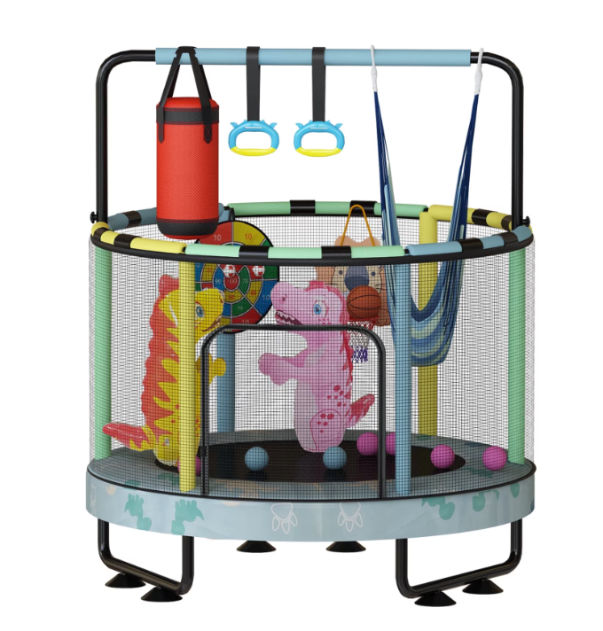 Mieres 55" 7-in-1 Upgraded Kids Trampoline with Swing & Basketball Hoop, Reinforced Safety Design with Adjustable Height & Net for Ages 3-8, 500lbs Capacity, In/Outdoor Play Center